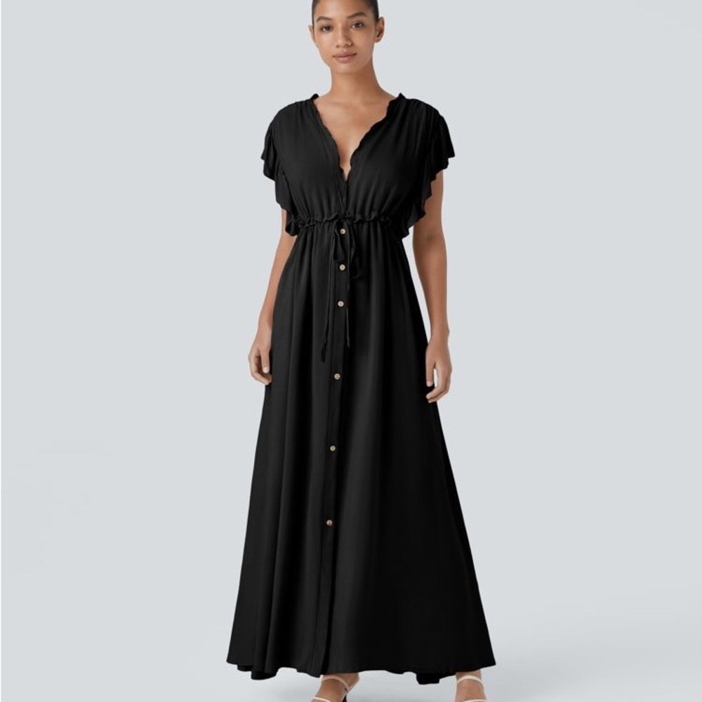 HALARA Deep V Neck Butterfly Sleeve Drawstring Pocket Flowy Maxi Casual Dress